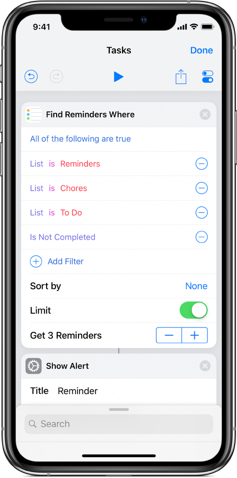 Find Reminders Where action showing the “All the following are true” options.