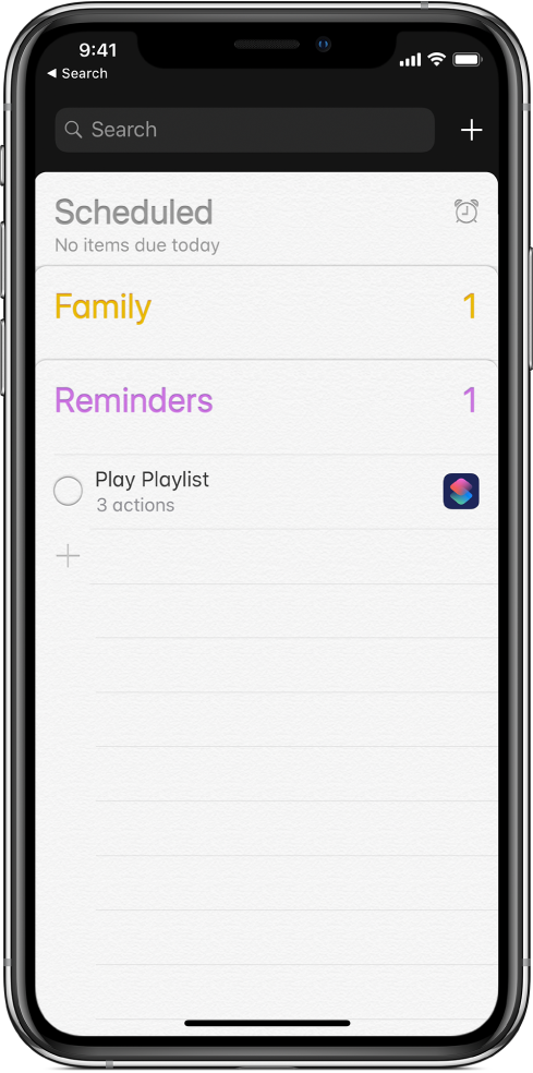 Reminders app showing the new shortcut reminder.