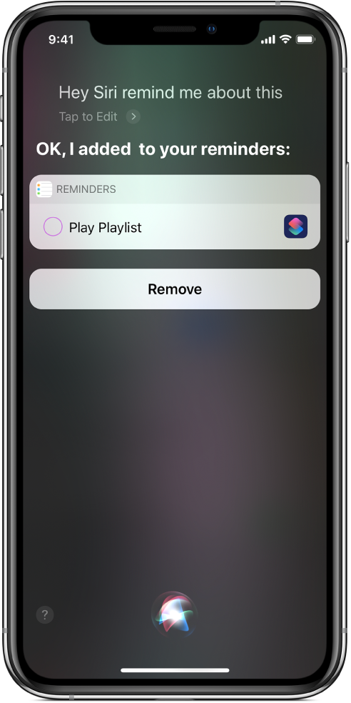 Siri screen showing addition of shortcut to your reminders.