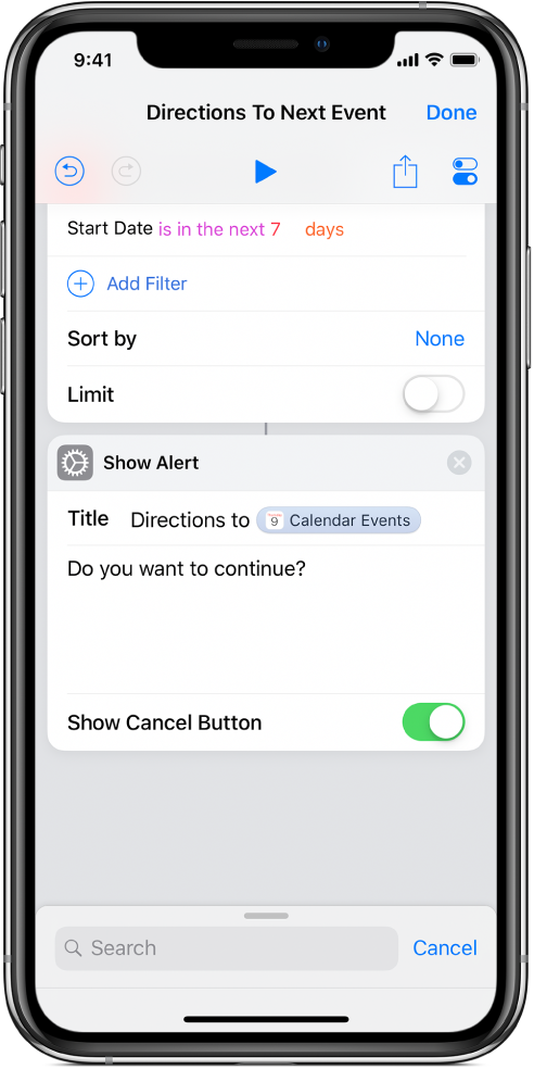 Show Alert action in the shortcut editor.