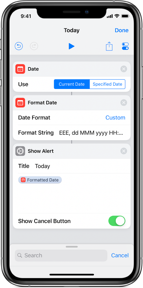 Format Date action with a custom Format String, in the shortcut editor.