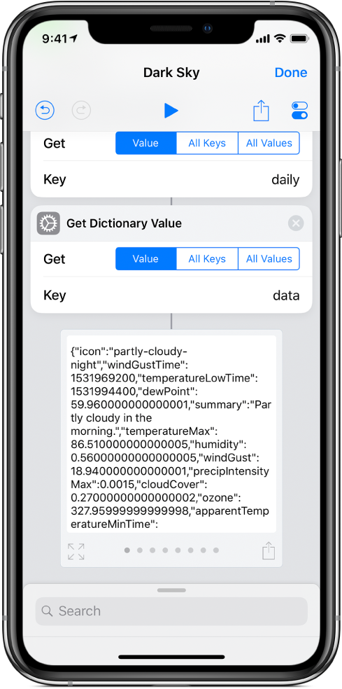 Get Dictionary Value action in the shortcut editor with the key set to data.