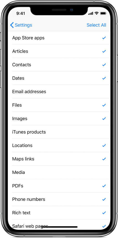 La lista de entradas en la Configuración de Atajos te permite elegir los tipos de contenido disponibles para un atajo cuando se ejecuta desde otra app