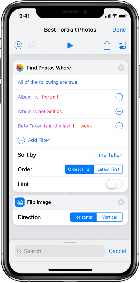शॉर्टकट एडिटर में Find Photos Where ऐक्शन।