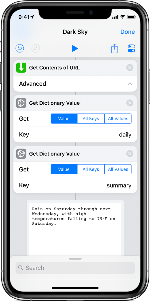 शॉर्टकट एडिटर में Get Dictionary Value ऐक्शन जिसका ‘की’ समरी पर सेट है।