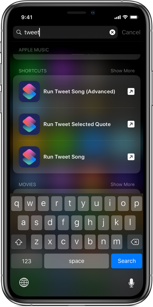ショートカットのキーワード「ツイート」に対する iOS の検索と、検索結果：「曲をツイート（詳細）」ショートカット、「選択した引用をツイート」ショートカット、「曲をツイート」ショートカット。