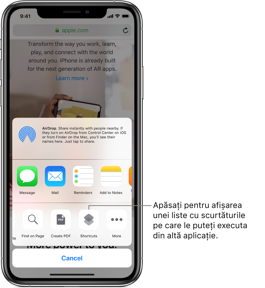 Butonul Scurtături din foia de partajare a aplicației Safari.