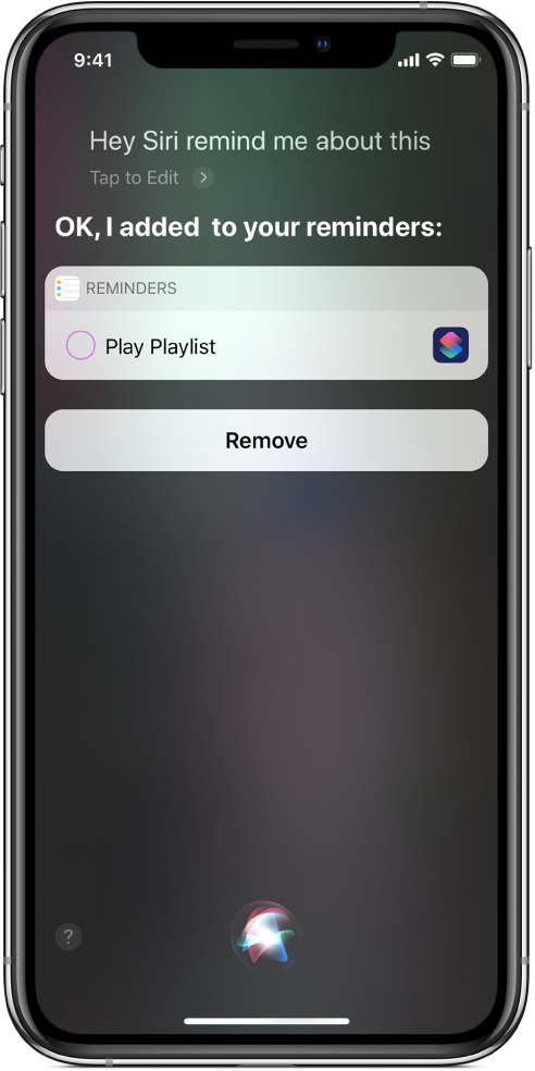 Siri-skärm som visar att en genväg har lagts till dina påminnelser.
