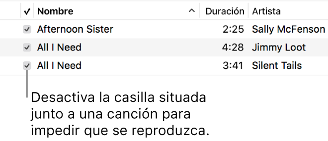 Detalle de la visualización Canciones en Música, con las casillas de selección en la izquierda. Anula la selección junto a una canción para evitar que se reproduzca.