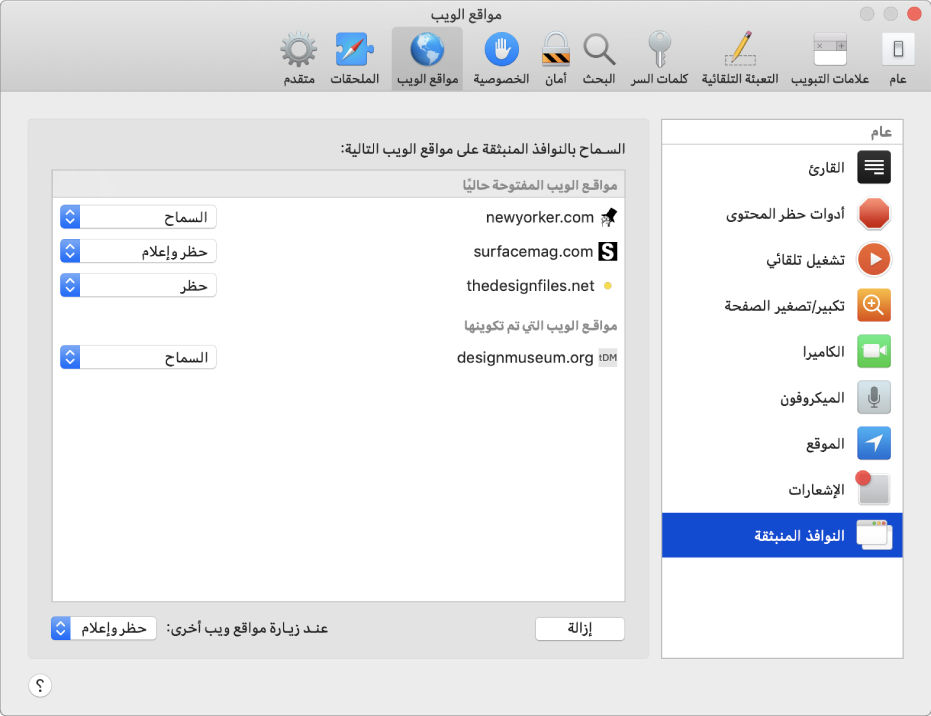 تفضيلات مواقع الويب، حيث يمكنك تخصيص طريقة استعراضك لمواقع الويب الفردية باستخدام Safari.