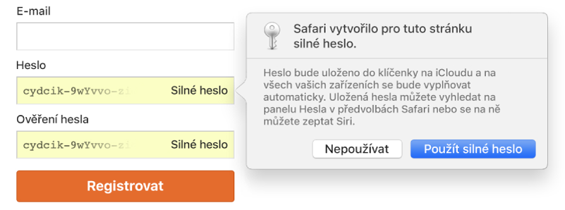 Stránka založení účtu, na které se zobrazuje automaticky vygenerované heslo a volby pro jeho odmítnutí nebo použití