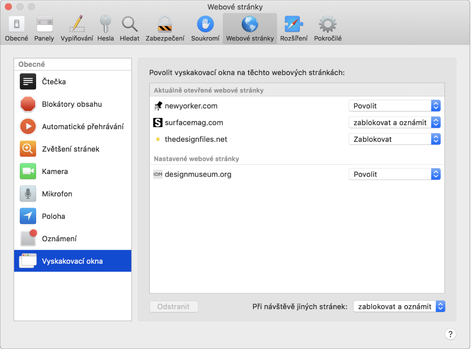 Předvolby Webové stránky, kde můžete měnit způsob procházení stránek na konkrétních webových serverech v Safari