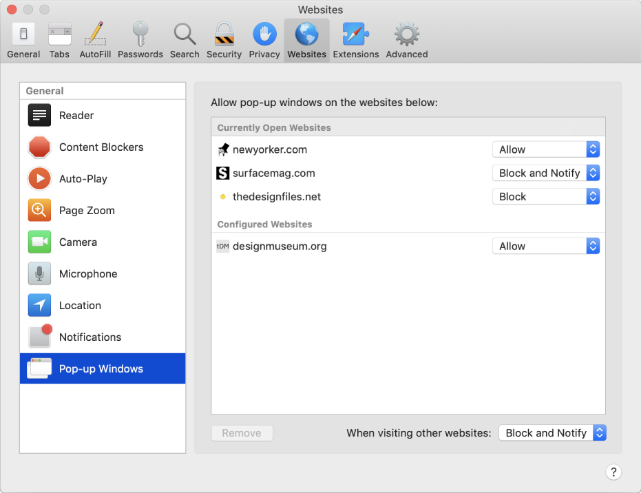 Websites preferences, where you can customise the way you browse individual websites using Safari.