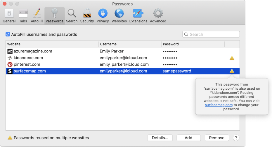 Passwords preferences, warning that two websites use the same password.