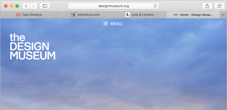 A Safari window with four tabs, each showing the icon and title of a website.
