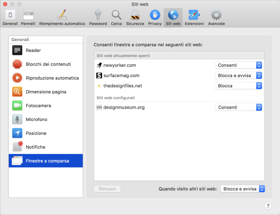 Preferenze Siti web, dove puoi personalizzare il modo in cui visiti i singoli siti web quando usi Safari.