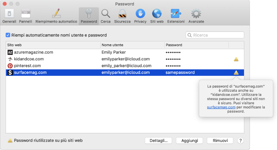 Le preferenze Password, che avvisano l'utente che due siti web sono protetti dalla stessa password.