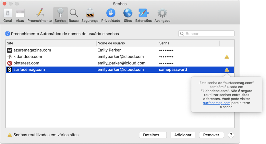 Preferências de senhas, avisando que os dois sites usam a mesma senha.