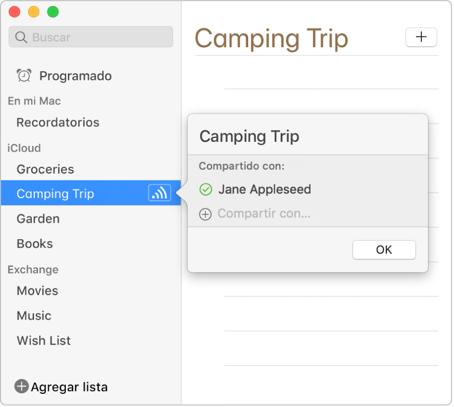 La ventana de información de una lista de recordatorios, mostrando que la lista se comparte con una persona.