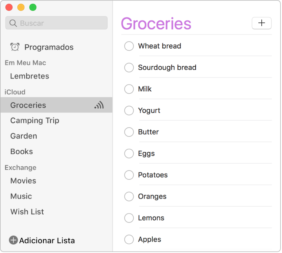 Janela do app Lembretes mostrando lembretes de contas do iCloud e Exchange.