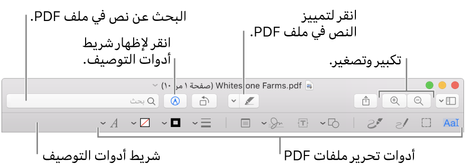 شريط أدوات التوصيف لتوصيف مستند PDF.