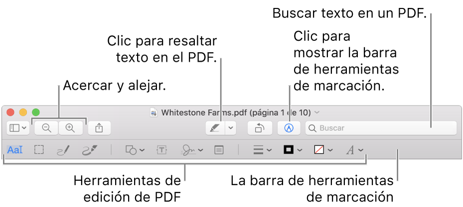 Barra de herramientas de marcación para marcar un PDF.