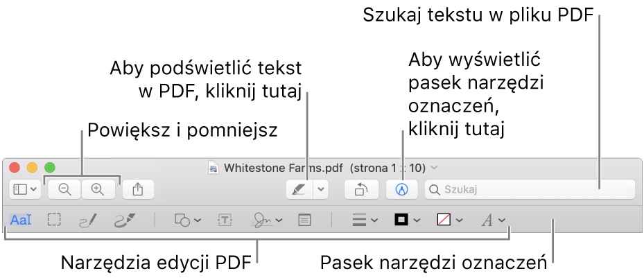 Pasek narzędzi oznaczeń, służący do oznaczania dokumentów PDF.
