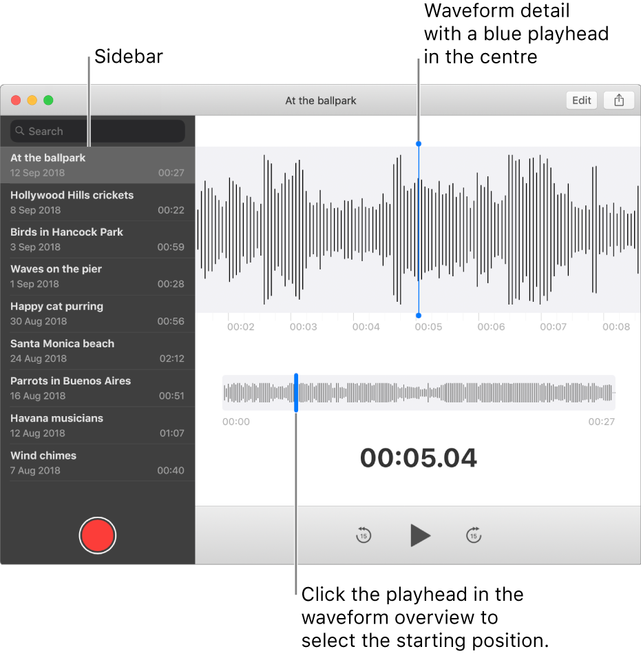The Voice Memos app shows the sidebar on the left. The recording appears in the window to the right of the sidebar, as a waveform detail with a blue playhead in the centre. Below it is the waveform overview. Click the playhead in the overview to select the starting position.