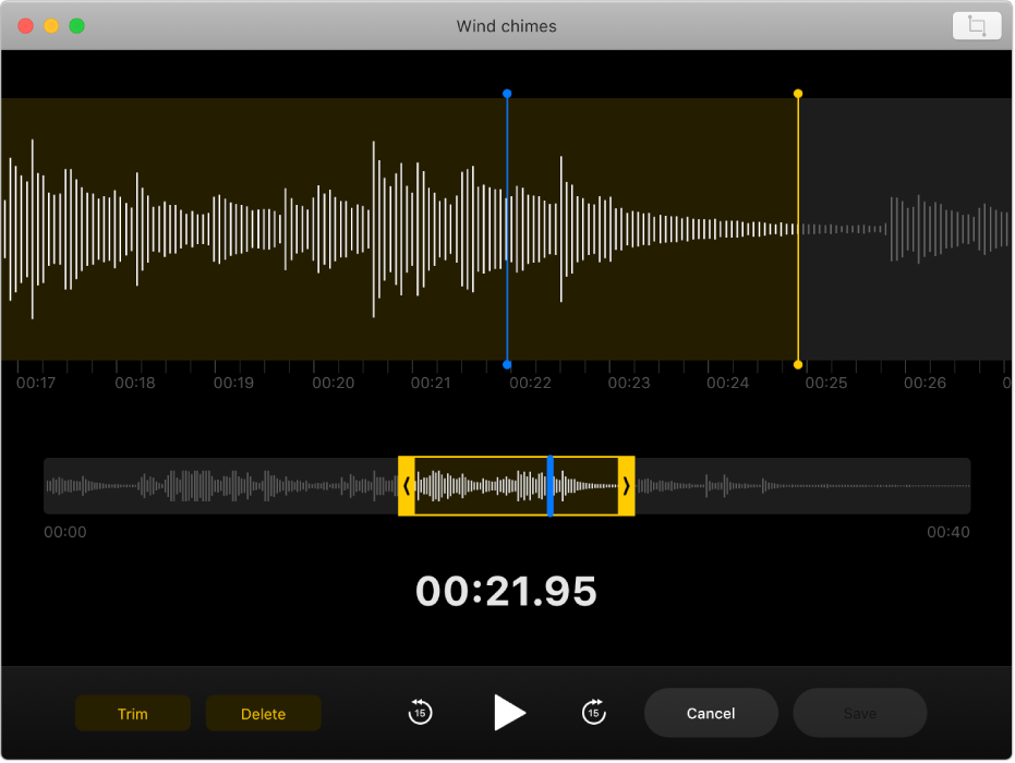A voice memo being edited in the Voice Memos window.