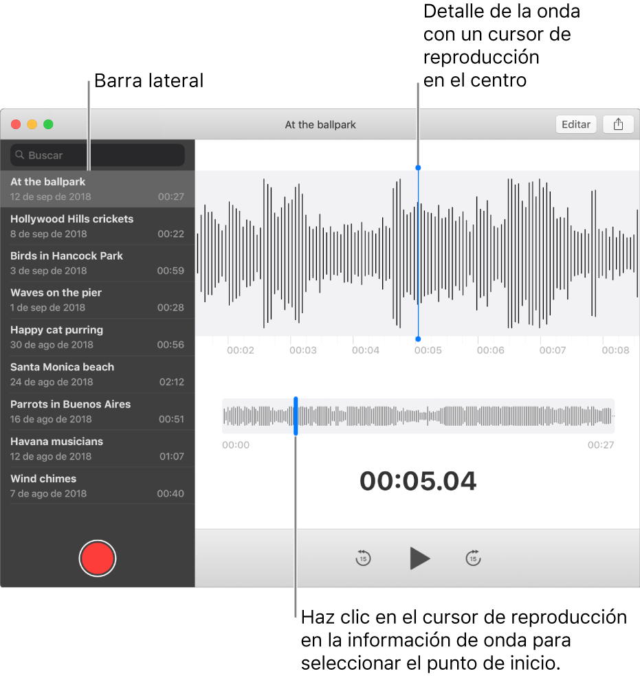La app Notas de Voz muestra la barra lateral a la izquierda. La grabación aparece en la ventana a la derecha de la barra lateral, como un detalle en forma de onda con un cursor de reproducción en el centro. Debajo de él está la vista general de la forma de onda. Haz clic en el cursor de reproducción para seleccionar la posición inicial.