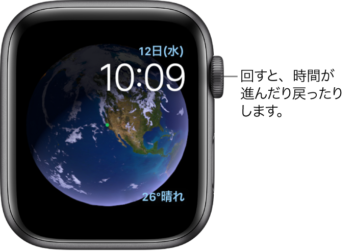 「アストロノミー」の文字盤。曜日、日付、現在の時刻が表示されます。右下に天気のコンプリケーションがあります。Digital Crown を回すと、時間が進んだり戻ったりします。