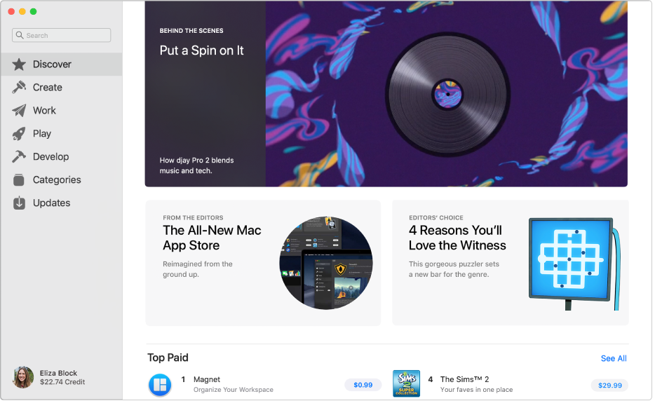 Die Hauptseite des Mac App Store. Die Seitenleiste auf der linken Seite hat Links zu anderen Seiten: Entdecken, Erstellen, Arbeiten, Spielen, Entwickeln, Kategorien und Updates. Auf der rechten Seite befinden sich klickbare Bereiche „Hinter den Kulissen“, „In eigener Sache“ und „Wir empfehlen“.