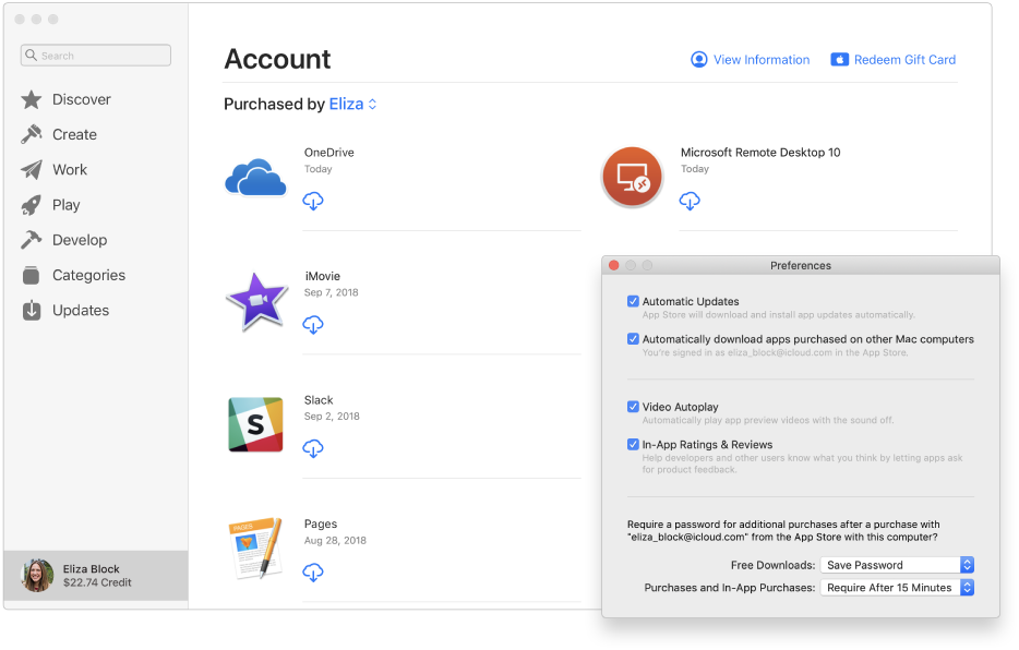 Eine Accountseite des Mac App Store mit mehreren Apps, die bereits geladen wurden. Im App Store-Bereich „Einstellungen“, der in der unteren rechten Ecke der Accountseite als Überlagerung angezeigt wird, sind die Optionen „Automatische Updates“, „Auf anderen Mac-Computern gekaufte Apps automatisch laden“, „Automatische Videowiedergabe“ und „Bewertungen in Apps“ ausgewählt. Unten im Bereich befinden sich Einblendmenüs, aus denen du Optionen zum Kaufen von App und zu kostenlosen Downloads wählen kannst.