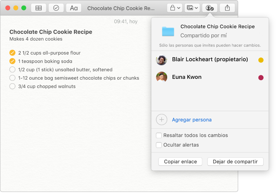 Una nota con receta de galleta con chispas de chocolate. Cuando está seleccionado el botón “Ver participantes” en la barra de herramientas, se muestran las personas que se agregaron a la nota en la lista.