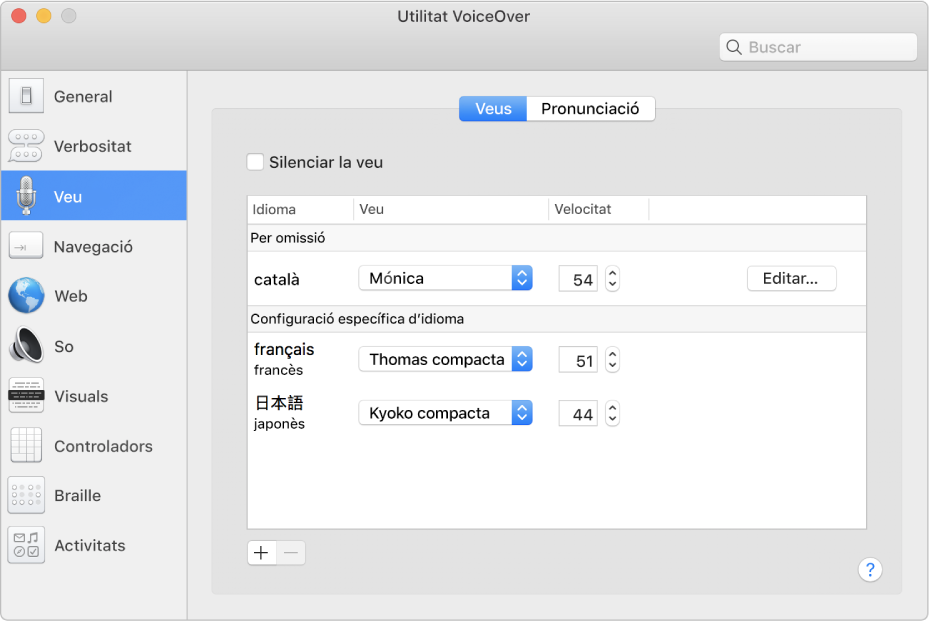 Tauler Veus de la Utilitat VoiceOver que mostra la configuració de la veu per als següents idiomes: anglès, francès i japonès.