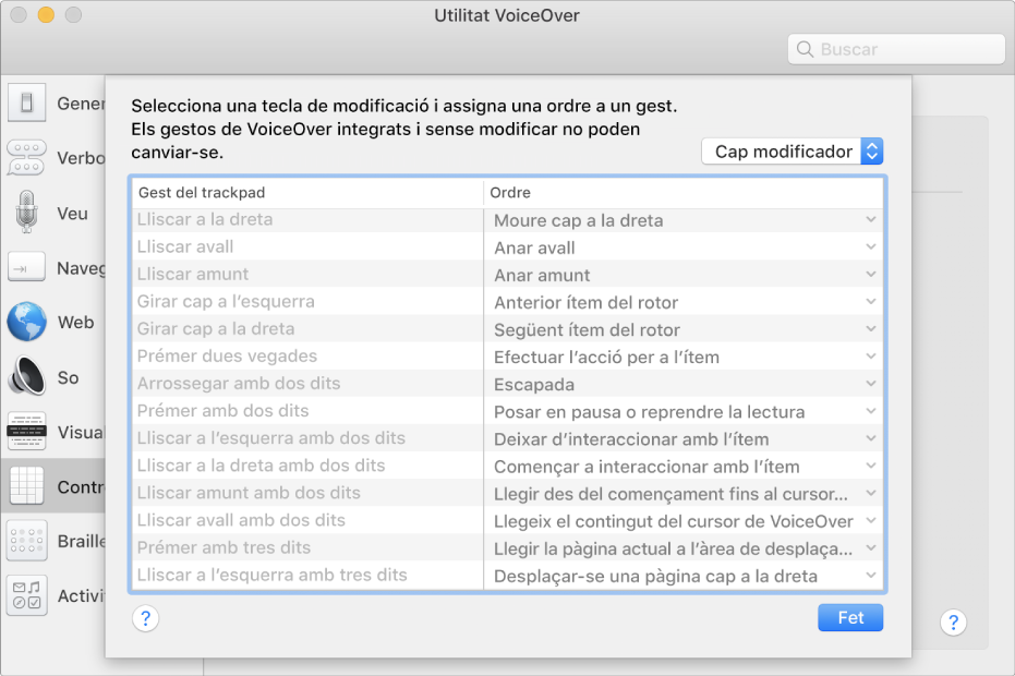 Llista de gestos de VoiceOver i les ordres corresponents al controlador del trackpad de la Utilitat VoiceOver.