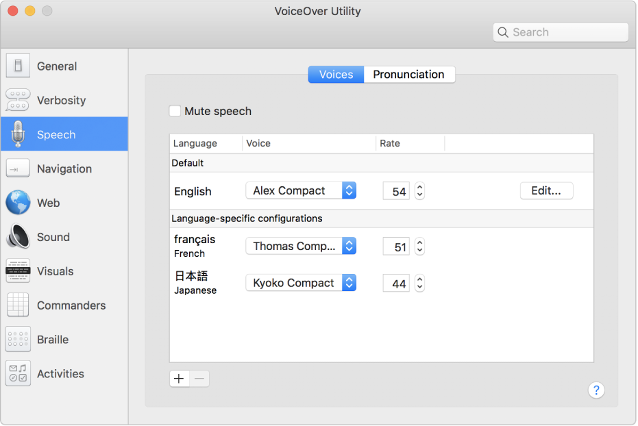 Das Panel „Stimmen“ des VoiceOver-Dienstprogramms zeigt Stimmeneinstellungen für Englisch, Französisch und Japanisch.