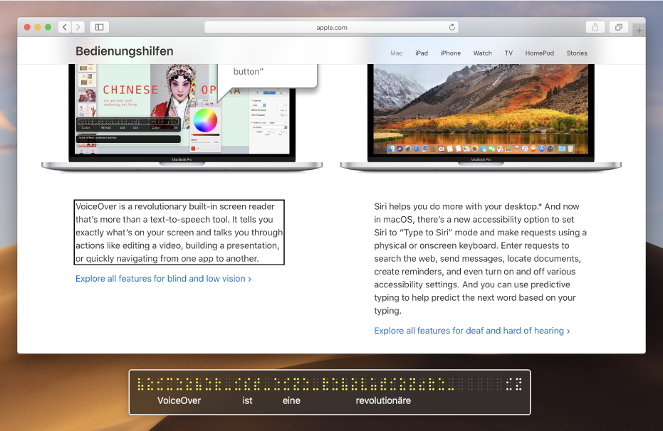 Das Blindenschrift-Panel zeigt an, was sich im VoiceOver-Cursor auf einer Webseite befindet. Das Blindenschrift-Panel zeigt simulierte gelbe Braillepunkte mit dem zugehörigen Text unter den Punkten.