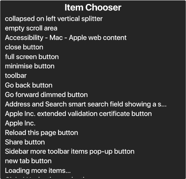 The Item Chooser is a panel that lists items such as empty scroll area, close button, toolbar, and Share button, among others.