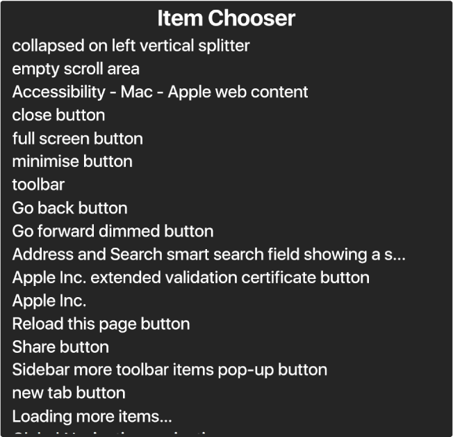 The Item Chooser is a panel that lists items such as empty scroll area, close button, toolbar and Share button, among others.