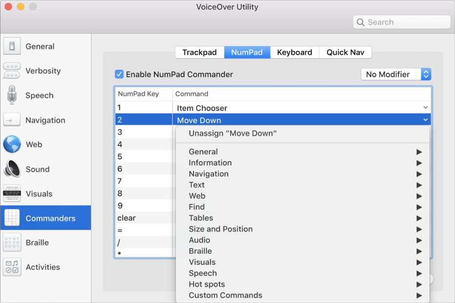 The VoiceOver Utility window showing the Commanders category selected in the sidebar and the NumPad pane selected on the right. At the top of the NumPad pane, the Enable NumPad Commander tickbox is selected. No Modifier is selected from the Modifier pop-up menu. Below the tickbox and pop-up menu is a table with two columns: NumPad Key and Command. The second row is selected and contains 2 in the NumPad Key column and Move Down in the Command column. A pop-up menu below Move Down shows command categories, such as General; each category has an arrow to display commands that can be assigned to the current NumPad key.