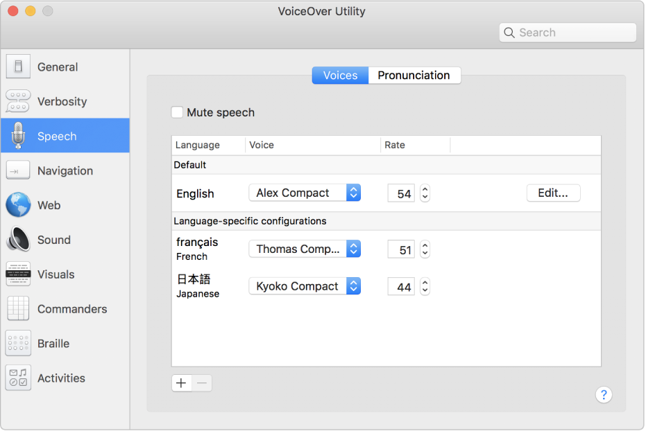 The VoiceOver Utility Voices pane showing voice settings for English, French, and Japanese languages.