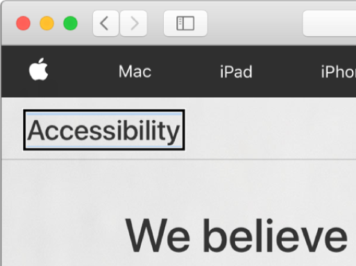 The VoiceOver cursor—a dark rectangular outline—focused on the word “Accessibility” on screen.