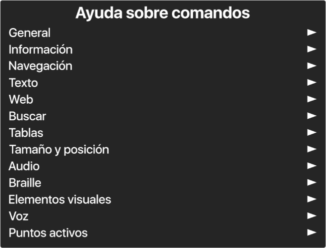 El menú "Ayuda sobre Comandos" es un panel que incluye las categorías de comandos, empezando con los generales y terminando con los puntos activos. A la derecha de cada elemento en la lista hay una flecha para acceder al submenú del elemento.