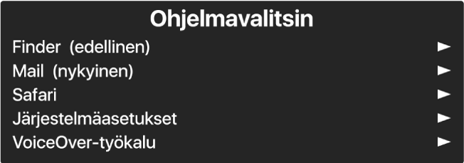 Ohjelmavalitsin on paneeli, jossa näytetään tällä hetkellä avoinna olevat ohjelmat. Jokaisen luettelokohteen oikealla puolella on nuoli.