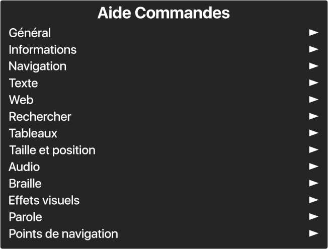 Le menu Aide Commandes est une sous-fenêtre qui répertorie des catégories de commandes, commençant par Général et se terminant par Points de navigation. Une flèche apparaît à droite de chaque élément de la liste pour accéder à son sous-menu.