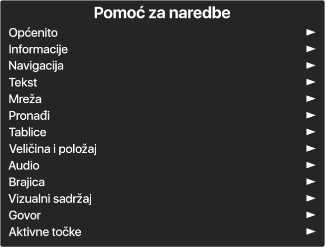 Izbornik Pomoć za naredbe je prozor koji navodi kategorije naredbi, počevši od Općenito i završno s Aktivne točke. S desne strane svake stavke u popisu nalazi se strelica za pristup podizborniku te stavke.