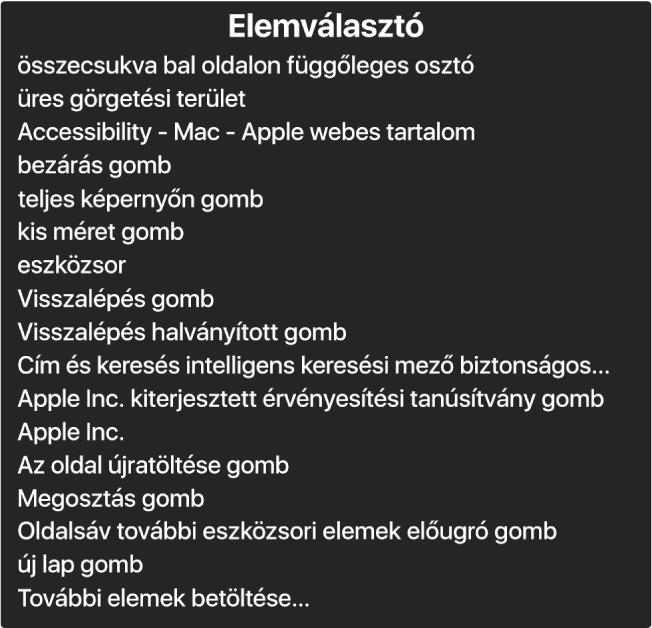 Az Elemválasztó olyan panel, amely felsorolja a különböző elemeket, mint például üres görgetési terület, bezárás gomb, eszközsor és Megosztás gomb.