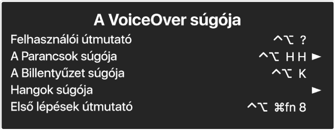 A VoiceOver Súgó menüje egy panel, fentről lefelé a következők láthatók: Online súgó, Parancsok súgó, Billentyűzet súgó, Hang súgó, Első lépések oktatóanyag és Kezdeti lépések útmutató. Minden elem jobb oldalán megtalálható a megjelenítéséhez szükséges VoiceOver-parancs vagy egy nyíl az almenü eléréséhez.