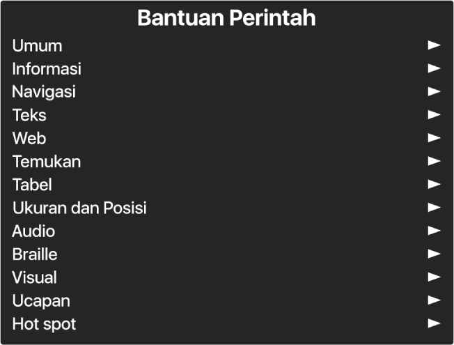 Menu Bantuan Perintah adalah panel yang mencantumkan kategori perintah, dimulai dengan Umum dan diakhiri dengan Hot spot. Di sebelah kanan setiap item dalam daftar terdapat sebuah panah untuk mengakses submenu item.